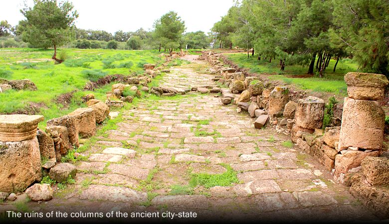 The ruins of the columns of the ancient city-state