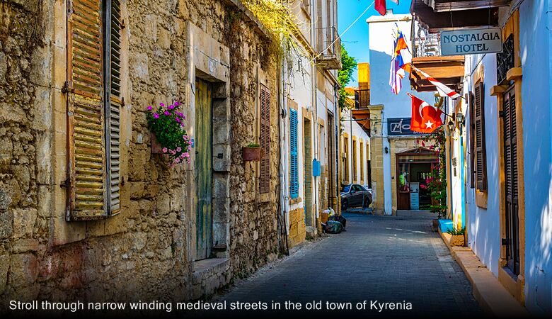 Stroll through narrow winding medieval streets in the old town of Kyrenia