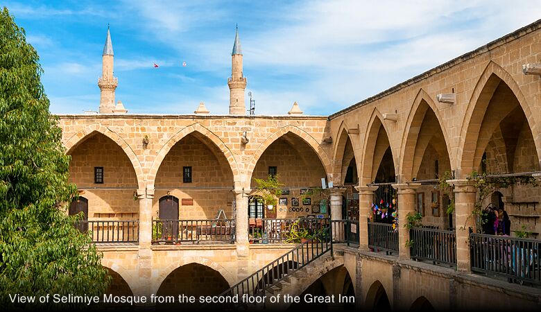 View of Selimiye Mosque from the second floor of the Great Inn