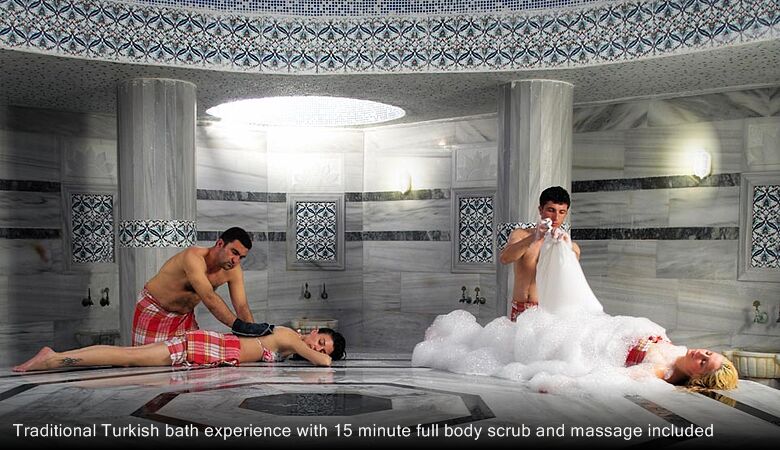 Traditional Turkish bath experience with 15 minute full body scrub and massage included